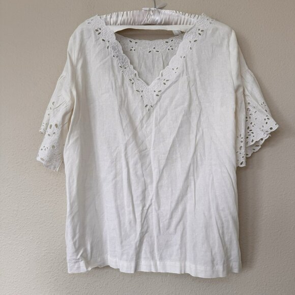 LOFT Blouse White Embroidered Eyelet Short Sleeve Size Medium Linen - Picture 14 of 14